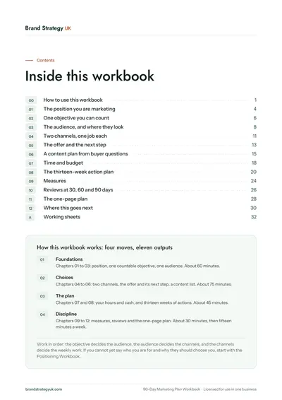 Page 2 of the 90-Day Marketing Plan Workbook. The contents page and the four moves of the plan | Brand Strategy UK