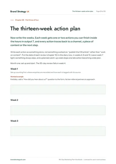 Page 22 of the 90-Day Marketing Plan Workbook. Chapter 08: writing the thirteen-week action plan | Brand Strategy UK