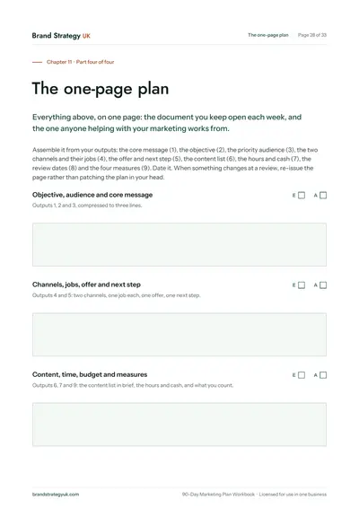 Page 30 of the 90-Day Marketing Plan Workbook. Chapter 11: the one-page plan you keep open each week | Brand Strategy UK