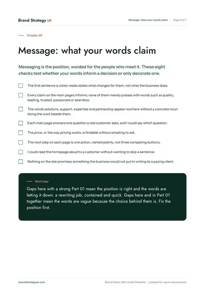 Page 5 of the Brand Clarity Self-Audit Checklist. Part 02: the eight checks on what your words claim | Brand Strategy UK