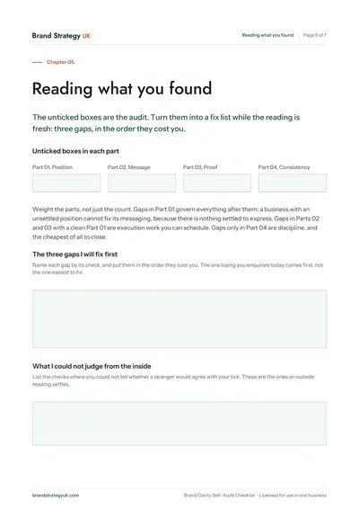Page 8 of the Brand Clarity Self-Audit Checklist. Chapter 05: turning the unticked boxes into a fix list | Brand Strategy UK