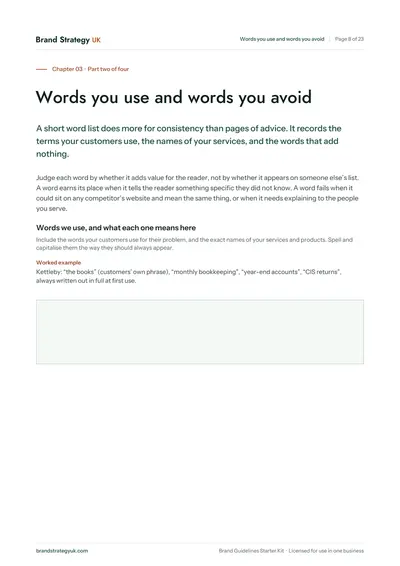 Page 10 of the Brand Guidelines Starter Kit. Chapter 03: the words you use and the words you avoid | Brand Strategy UK