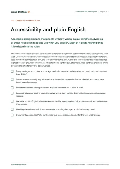 Page 17 of the Brand Guidelines Starter Kit. Chapter 06: accessibility and plain English | Brand Strategy UK