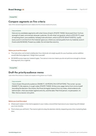 Page 27 of the Brand Strategy AI Prompt Pack. Prompt P33: comparing audience segments on five criteria | Brand Strategy UK