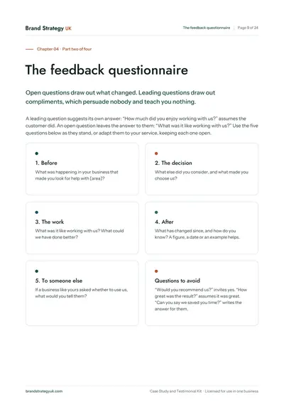 Page 11 of the Case Study and Testimonial Kit. Chapter 04: the feedback questionnaire | Brand Strategy UK