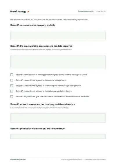 Page 15 of the Case Study and Testimonial Kit. Chapter 05: a permission record for one customer | Brand Strategy UK