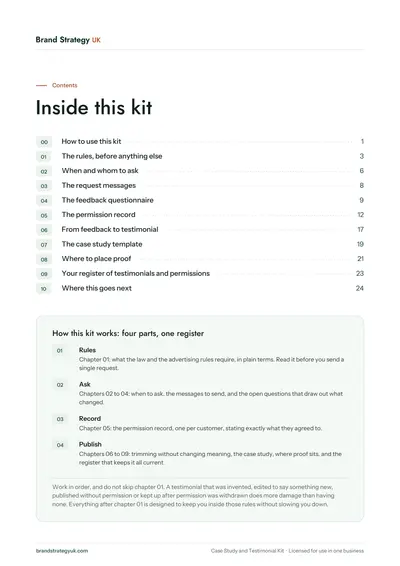 Page 2 of the Case Study and Testimonial Kit. The contents page and the four parts of the kit | Brand Strategy UK
