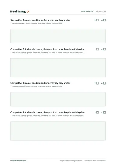 Page 12 of the Competitor Positioning Workbook. Chapter 03: recording one competitor’s headline, claims and proof | Brand Strategy UK