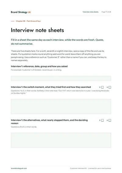 Page 19 of the Customer Interview Kit. Chapter 06: an interview note sheet | Brand Strategy UK
