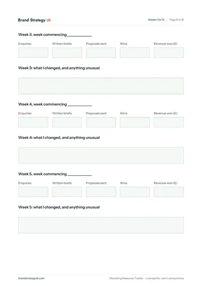 Page 11 of the Marketing Measures Tracker. Chapter 03: weekly rows, each with a line on what you changed | Brand Strategy UK