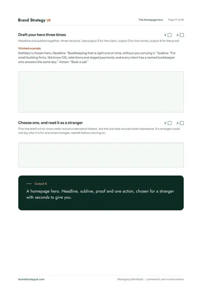 Page 19 of the Messaging Workbook. Chapter 06: drafting the homepage hero three times | Brand Strategy UK