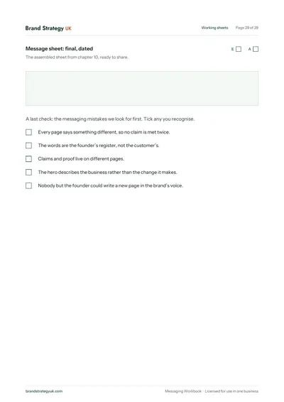 Page 31 of the Messaging Workbook. The final message sheet and the last check | Brand Strategy UK