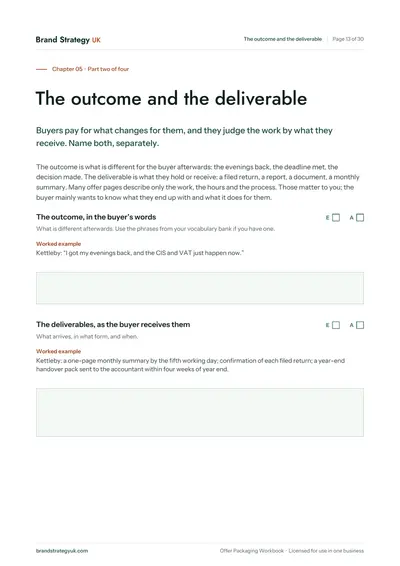 Page 15 of the Offer Packaging Workbook. Chapter 05: naming the outcome and the deliverable | Brand Strategy UK
