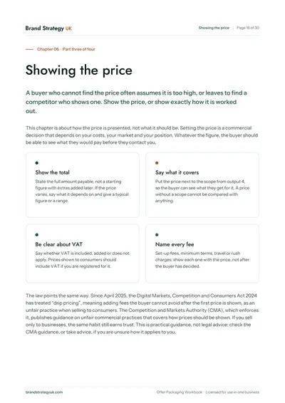 Page 18 of the Offer Packaging Workbook. Chapter 06: showing the price | Brand Strategy UK
