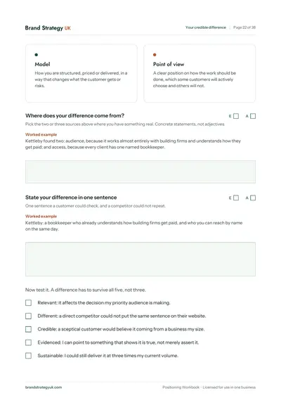 Page 24 of the Positioning Workbook. Chapter 07: the kinds of credible difference, with fields to fill in | Brand Strategy UK