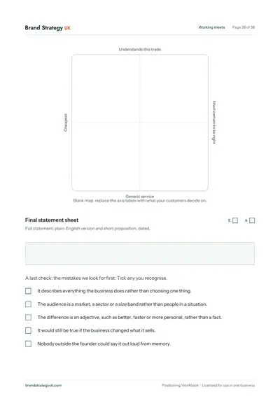 Page 40 of the Positioning Workbook. The working sheets: a blank positioning map and the final statement sheet | Brand Strategy UK