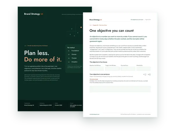 Cover and an inside page of the 90-Day Marketing Plan Workbook | Brand Strategy UK