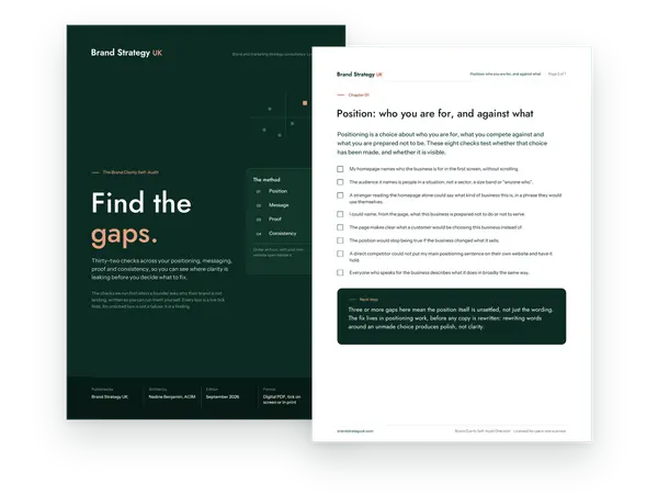 Cover and an inside page of the Brand Clarity Self-Audit Checklist | Brand Strategy UK