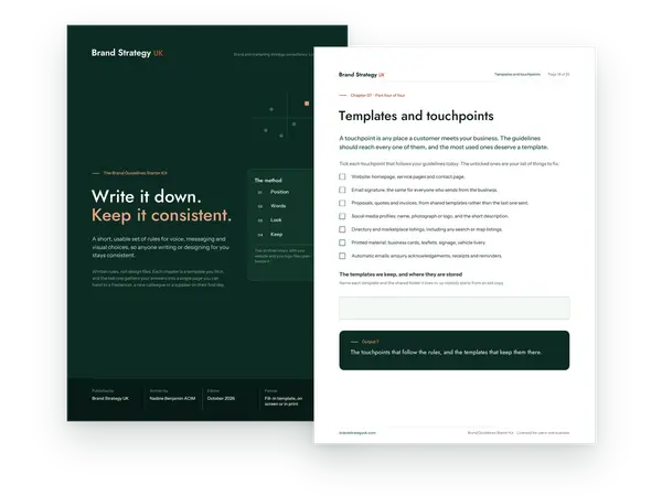 Cover and an inside page of the Brand Guidelines Starter Kit | Brand Strategy UK