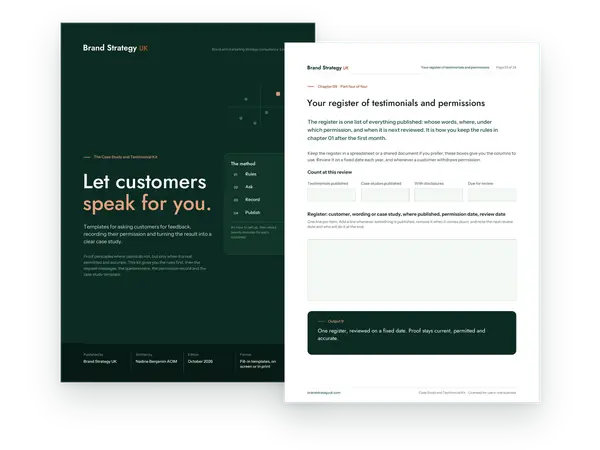 Cover and an inside page of the Case Study and Testimonial Kit | Brand Strategy UK