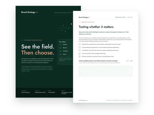 Cover and an inside page of the Competitor Positioning Workbook | Brand Strategy UK