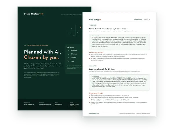 Cover and an inside page of the Marketing Strategy AI Prompt Pack | Brand Strategy UK