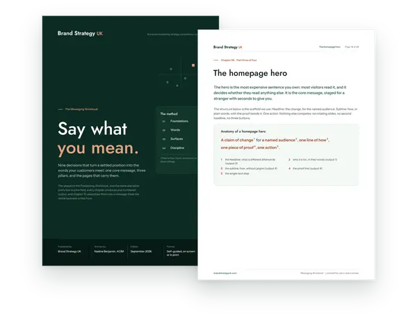 Cover and an inside page of the Messaging Workbook | Brand Strategy UK
