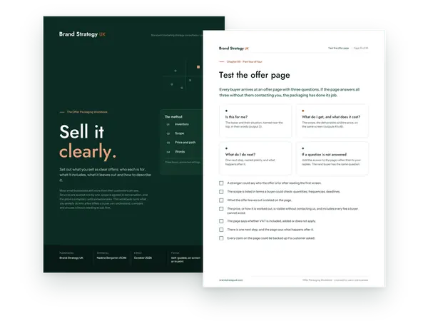 Cover and an inside page of the Offer Packaging Workbook | Brand Strategy UK