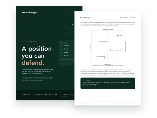 Cover and an inside page of the Positioning Workbook | Brand Strategy UK