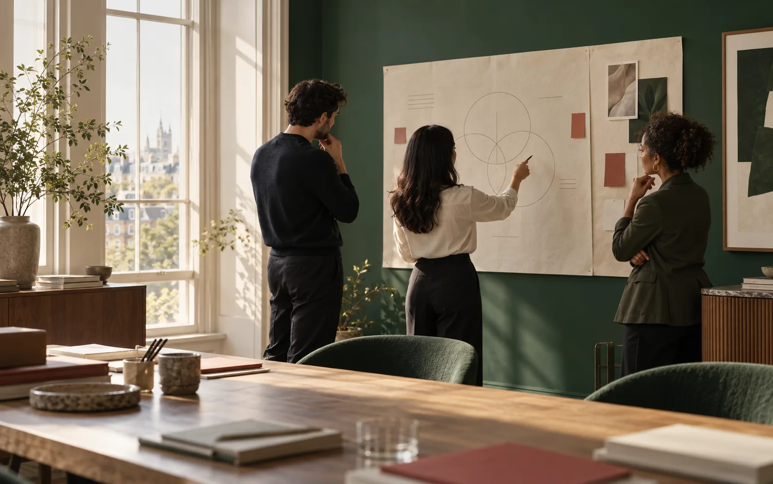 Illustrative strategy team considering a positioning framework in a London studio