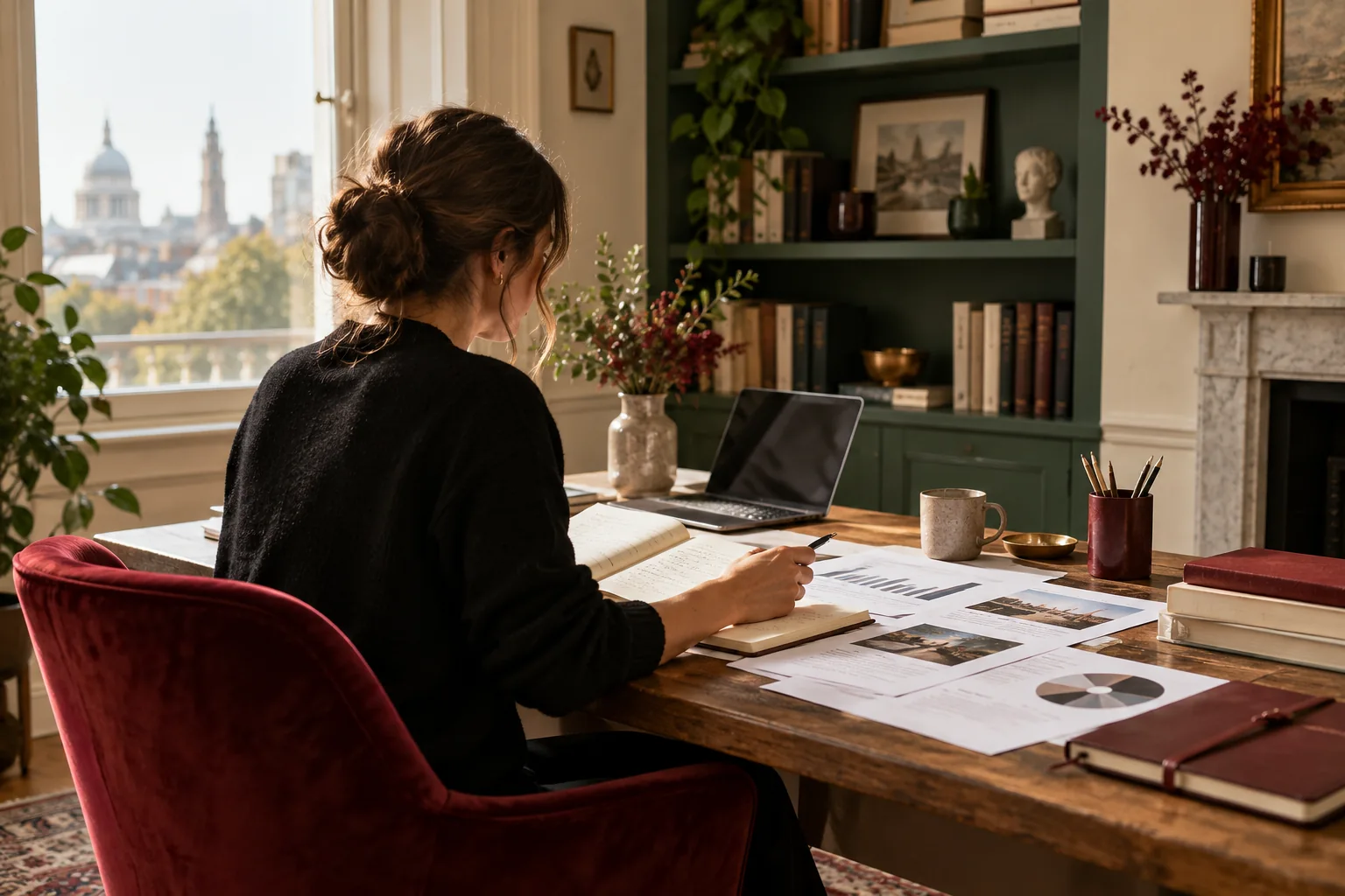 Illustrative researcher preparing a brand strategy article at her desk