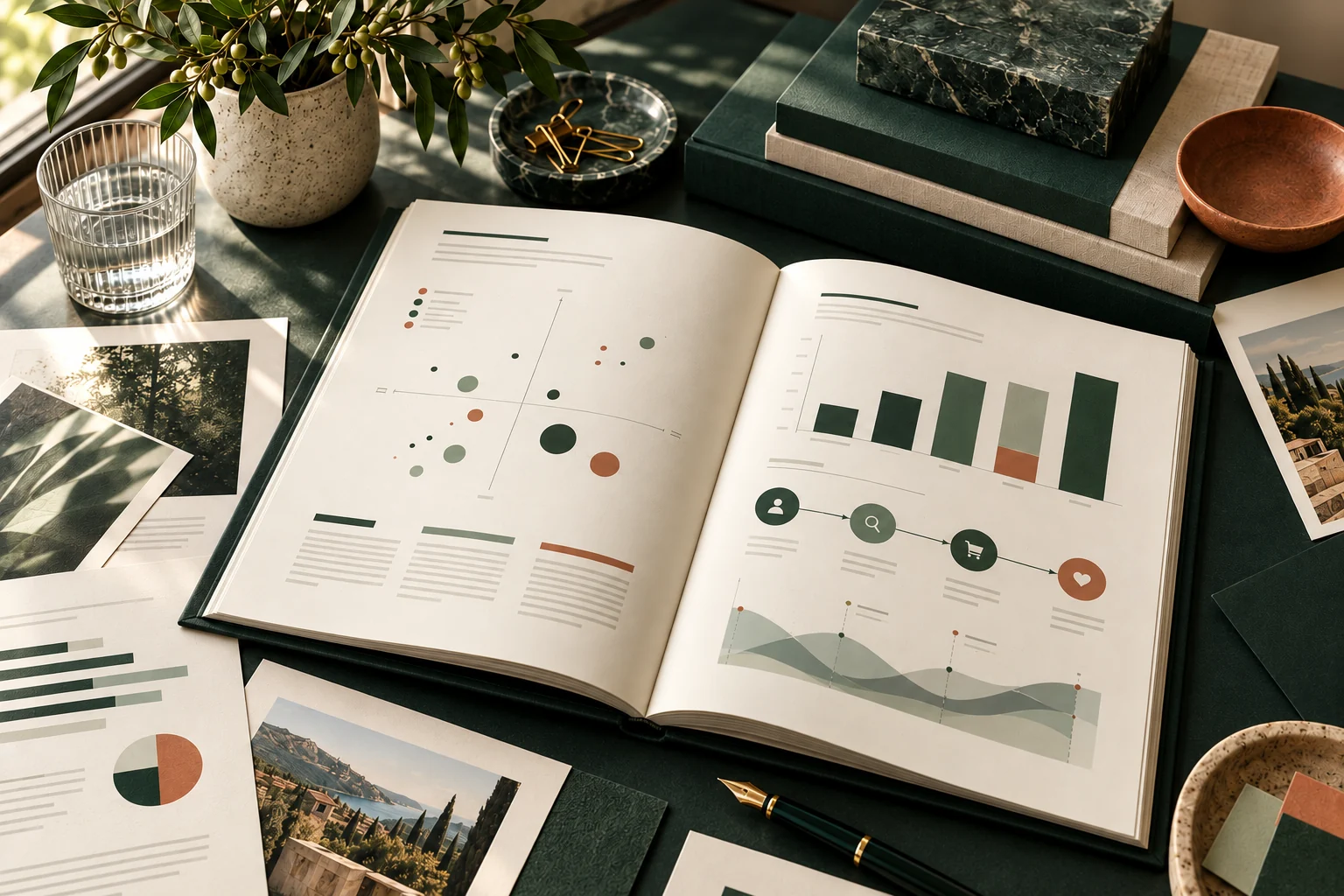 Brand strategy report showing a positioning map, audience journey and marketing charts