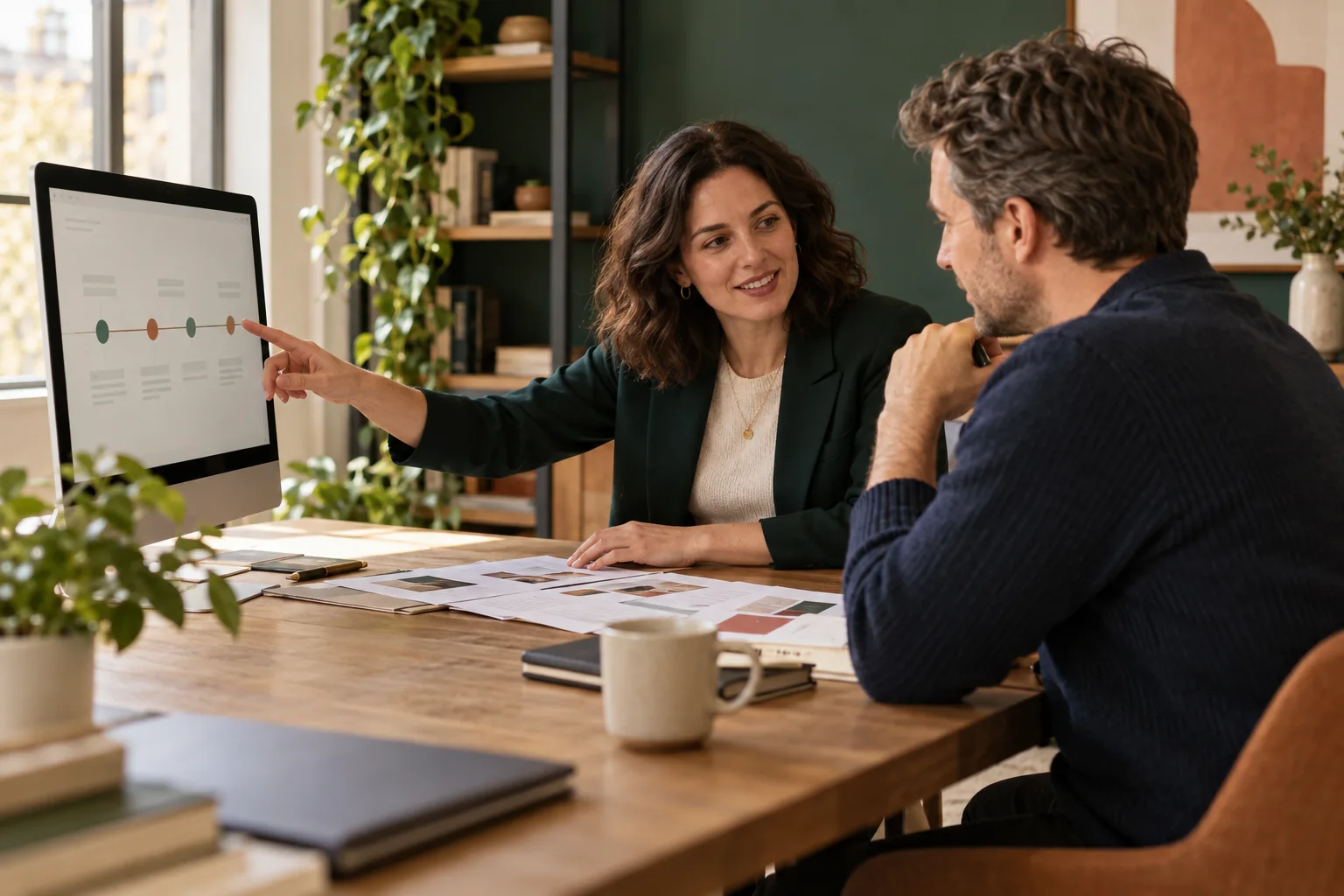 Illustrative adviser explaining a process and answering a client’s question