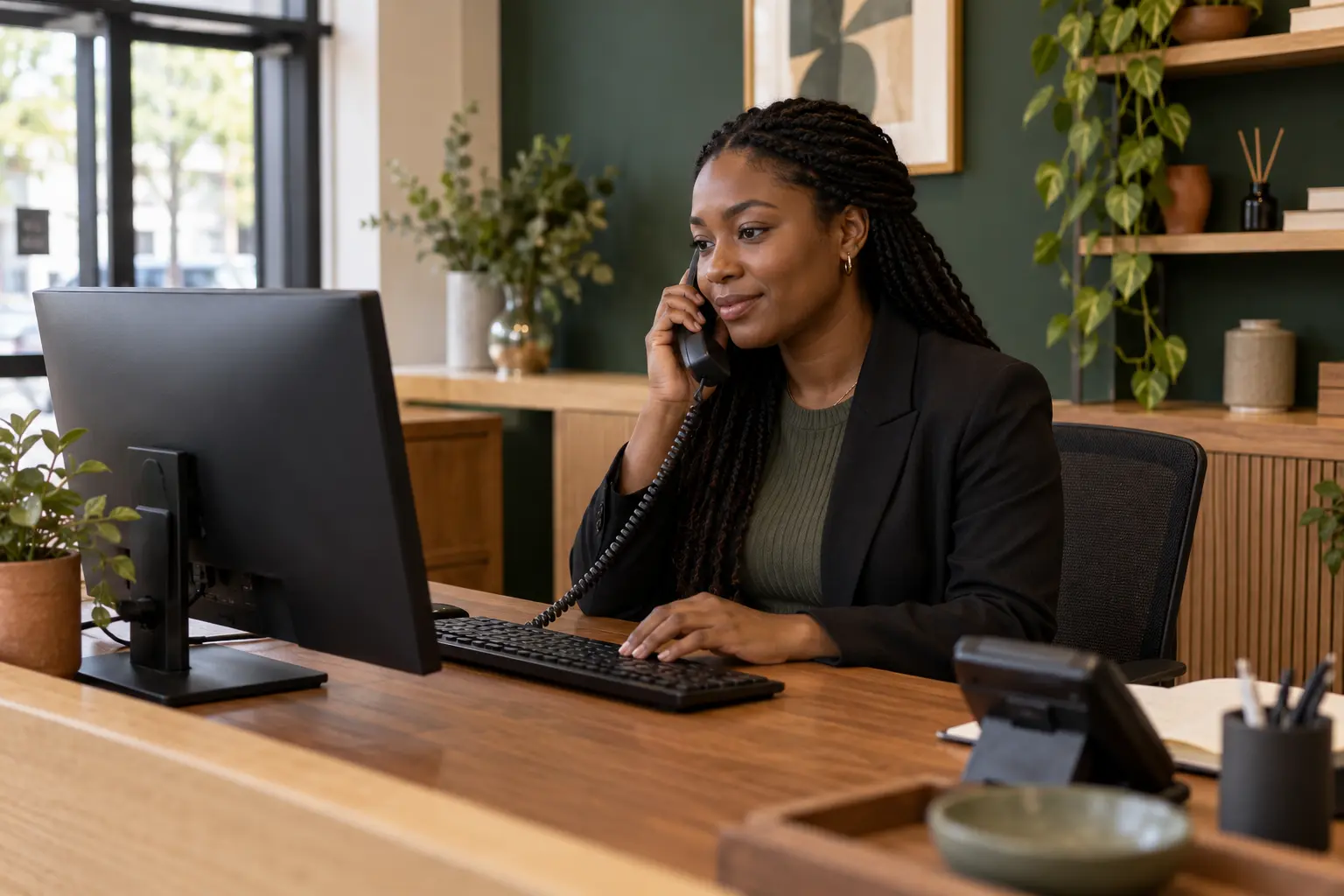 Illustrative front-of-house agent answering a call while typing at a workstation