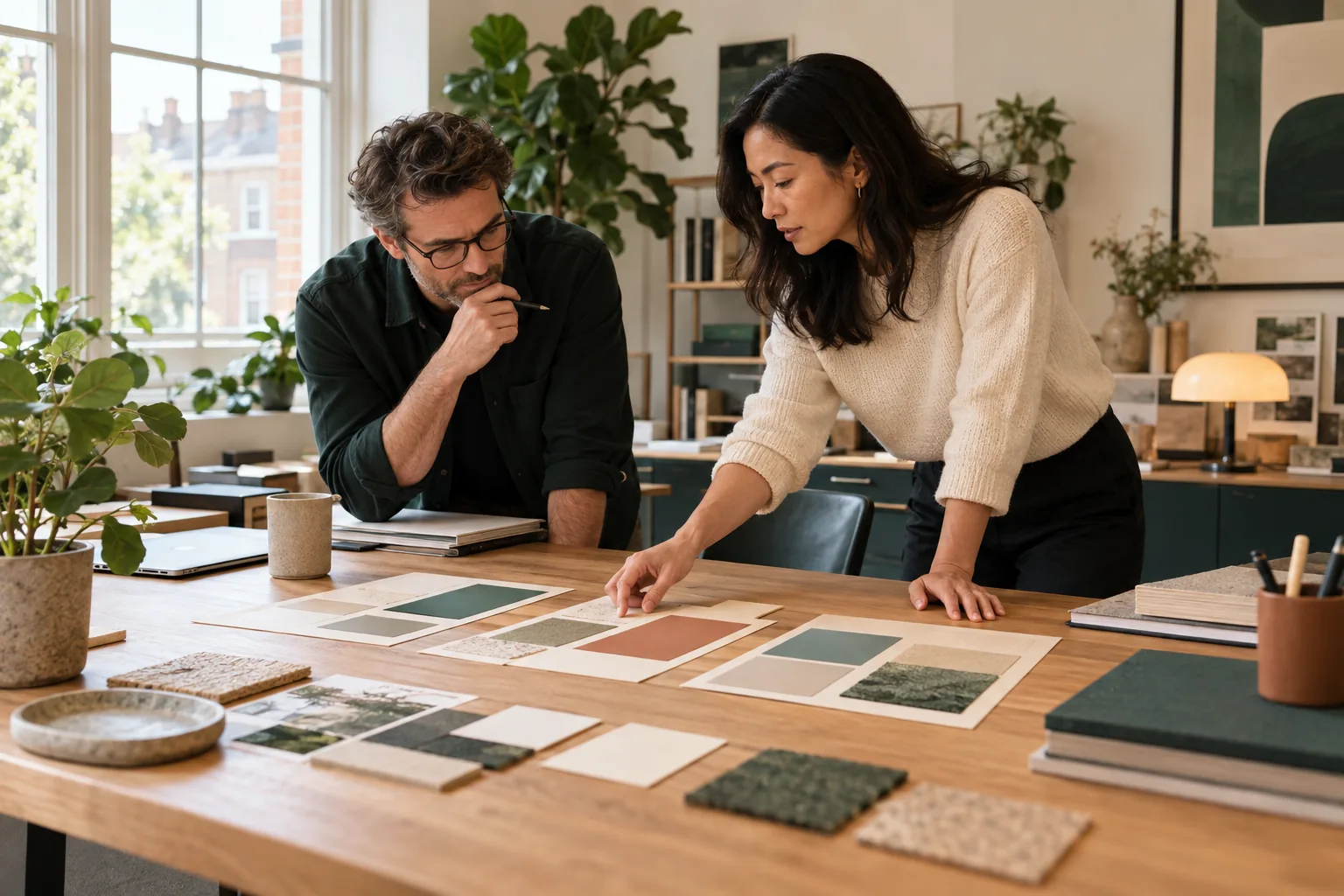 Illustrative strategic working session reviewing options in a consultancy studio