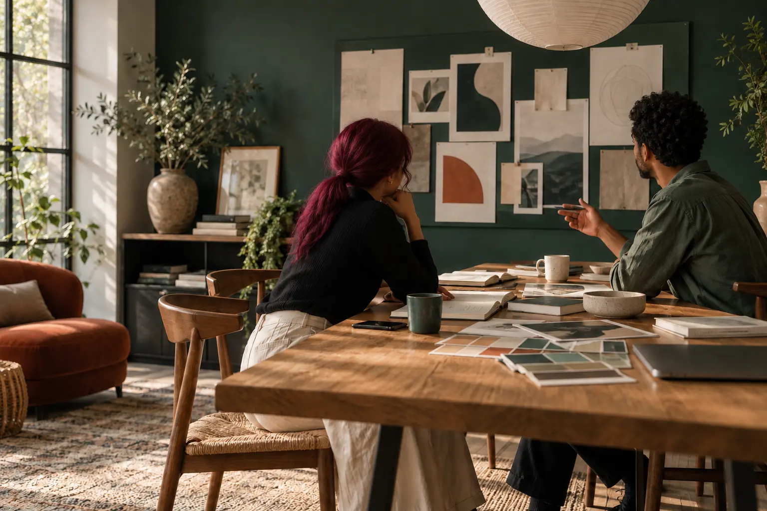 Illustrative photograph of a burgundy-haired woman and a colleague considering ideas in a green-toned workspace